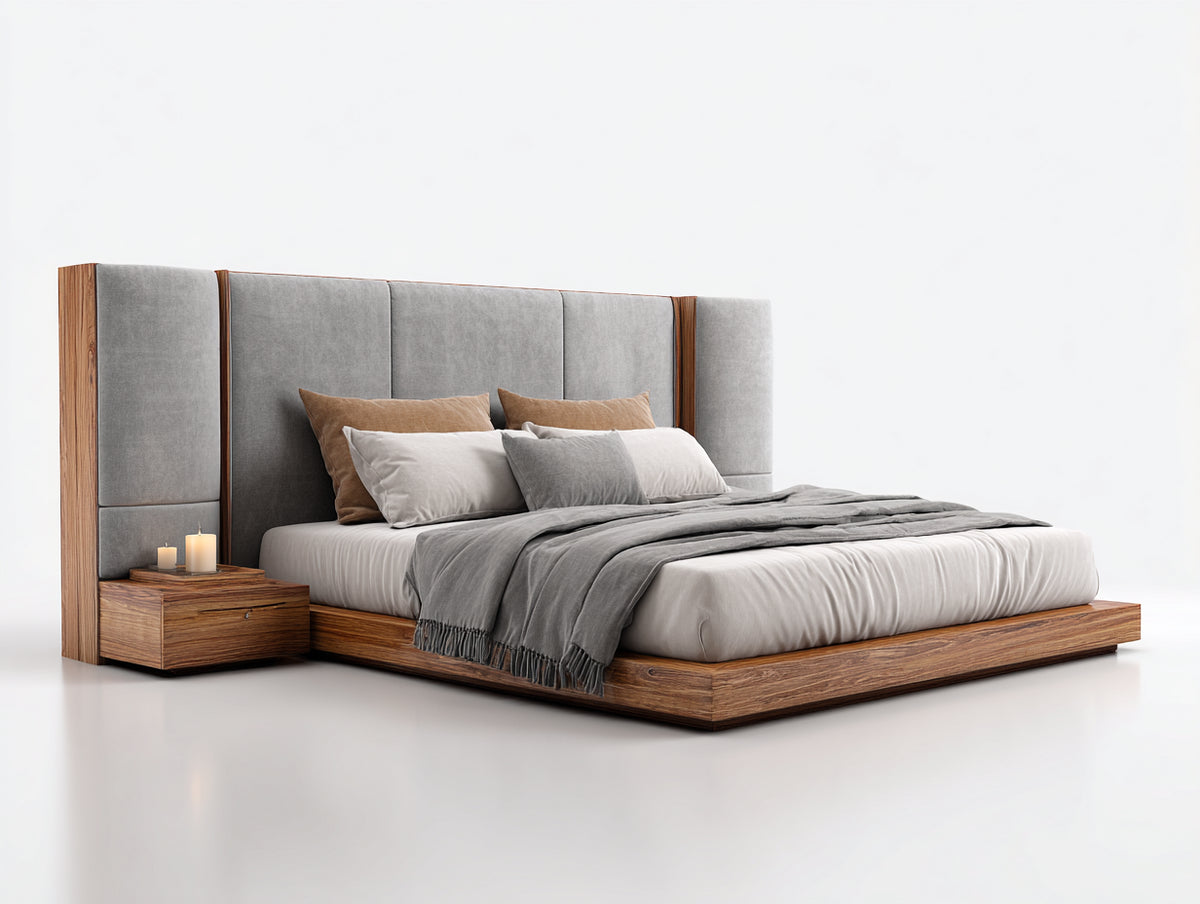 Letto matrimoniale - Legno-Velluto - 224 x 246 x 142 cm - Marrone-Grigio - Design moderno con testiera imbottita e piano laterale