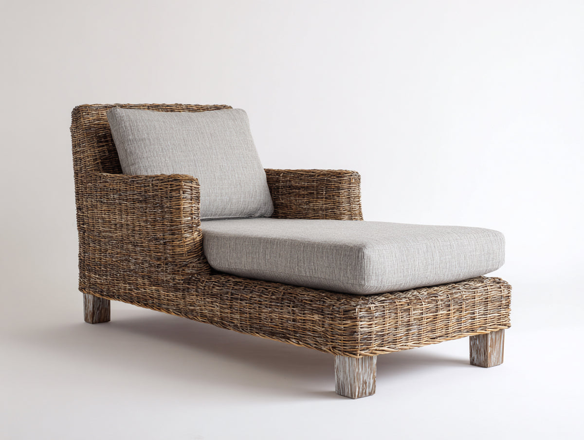 Lettino prendisole-Rattan-Tessuto-198 x 84 x 88 cm-Marrone scuro-Grigio chiaro-Stile rustico