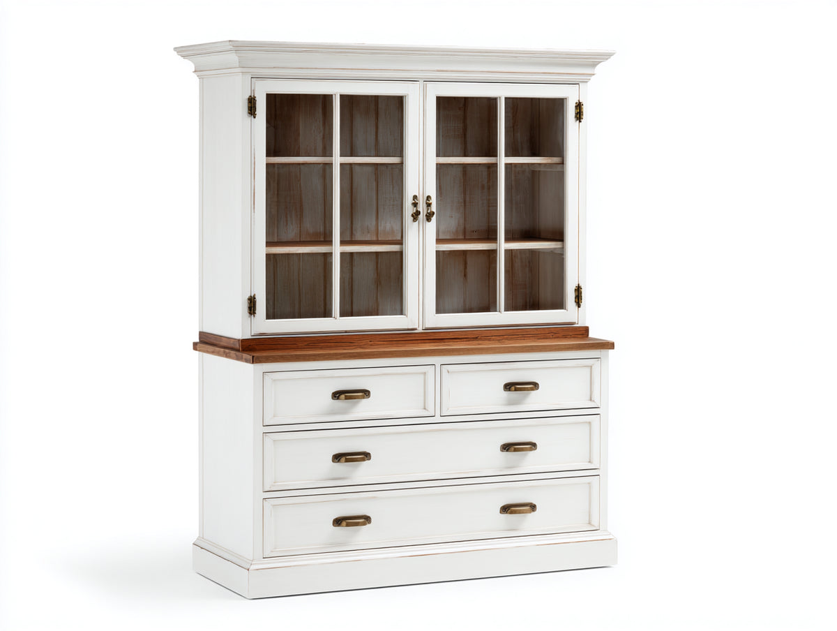 Vetrina-Legno-Vetro-132x49x196 cm-Bianco-Marrone-Stile country
