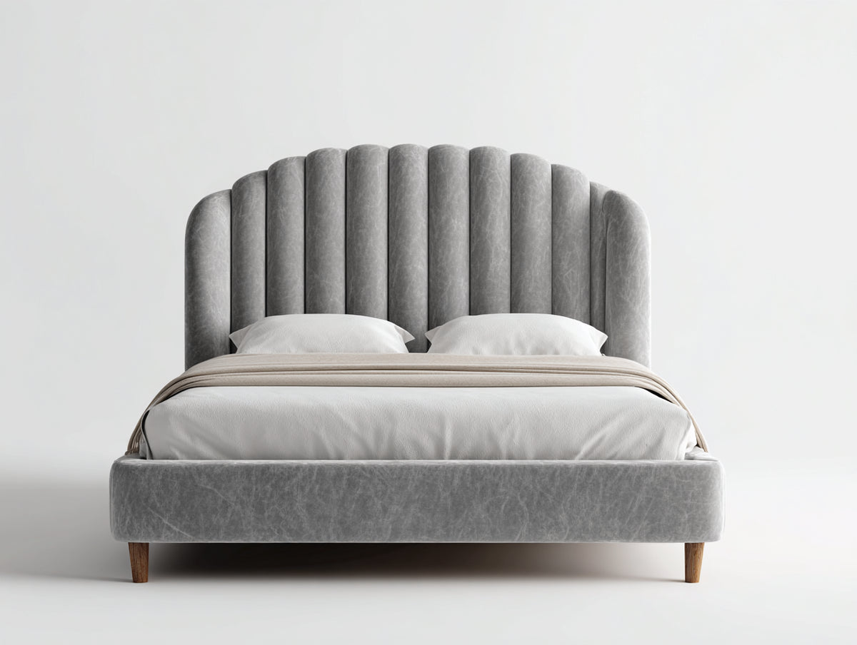 Letto matrimoniale - Velluto-Legno - 215 x 178 x 124 cm - Grigio-Marrone - Design contemporaneo con testiera scanalata