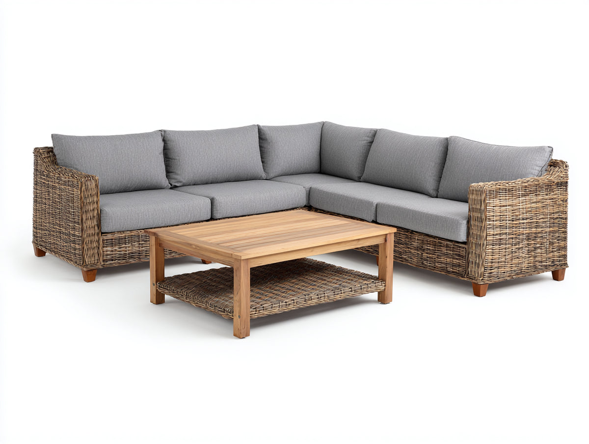 Divani da esterno-Rattan sintetico-Tessuto-Legno-282 x 282 x 80 cm-Marrone naturale-Grigio-Legno naturale-Stile rustico contemporaneo