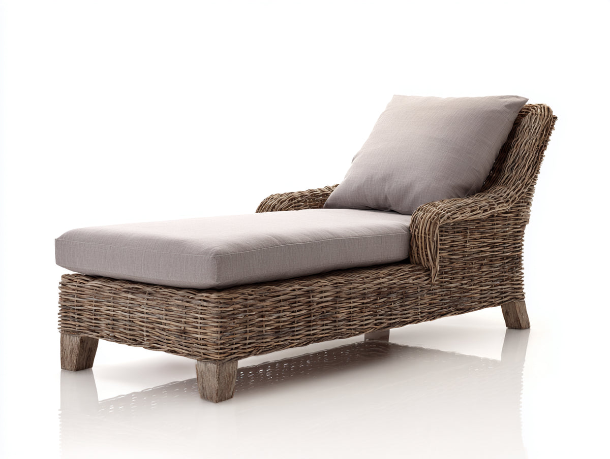 Lettino prendisole-Rattan-Tessuto-200 x 82 x 92 cm-Marrone naturale-Grigio tortora-Stile naturale