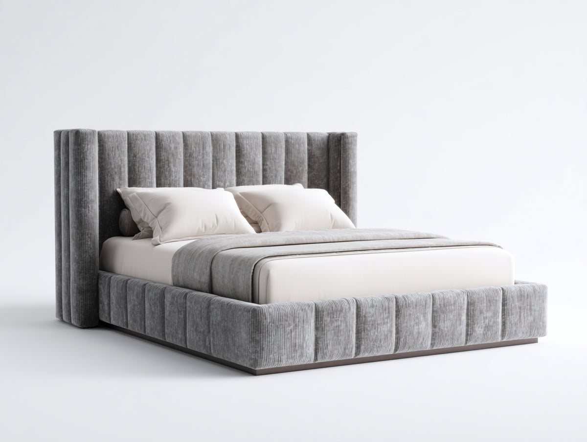 Letto matrimoniale - Velluto - 216 x 184 x 121 cm - Grigio - Design moderno con testiera scanalata