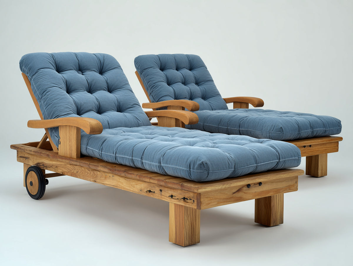 Lettino prendisole-Legno-Tessuto-212 x 82 x 100 cm-Legno naturale-Blu polvere-Stile rustico moderno