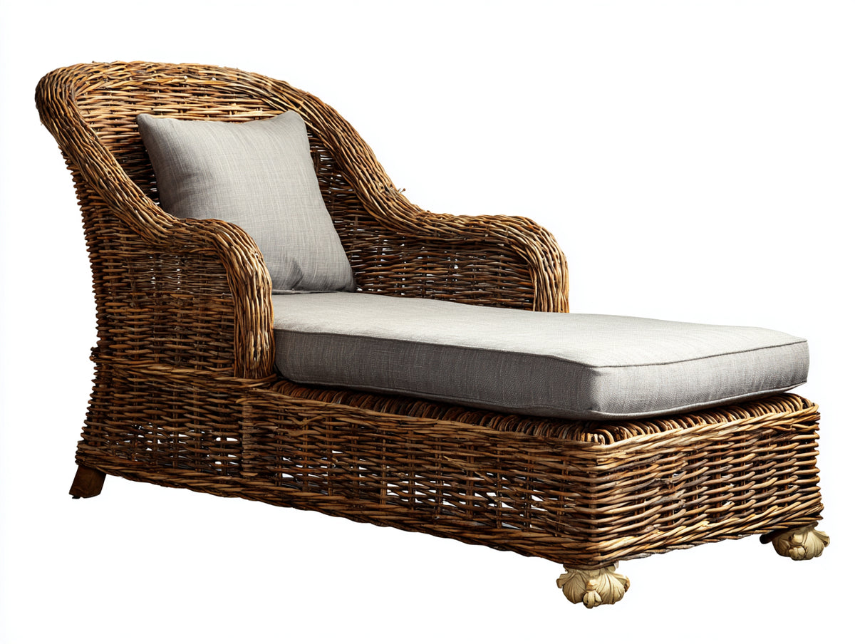 Lettino prendisole-Rattan-Tessuto-202 x 86 x 98 cm-Marrone naturale-Grigio chiaro-Stile rustico elegante