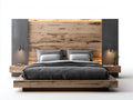 Letto matrimoniale - Legno-Pietra - 221 x 252 x 146 cm - Marrone-Grigio scuro - Stile industriale con testiera estesa e illuminazione integrata