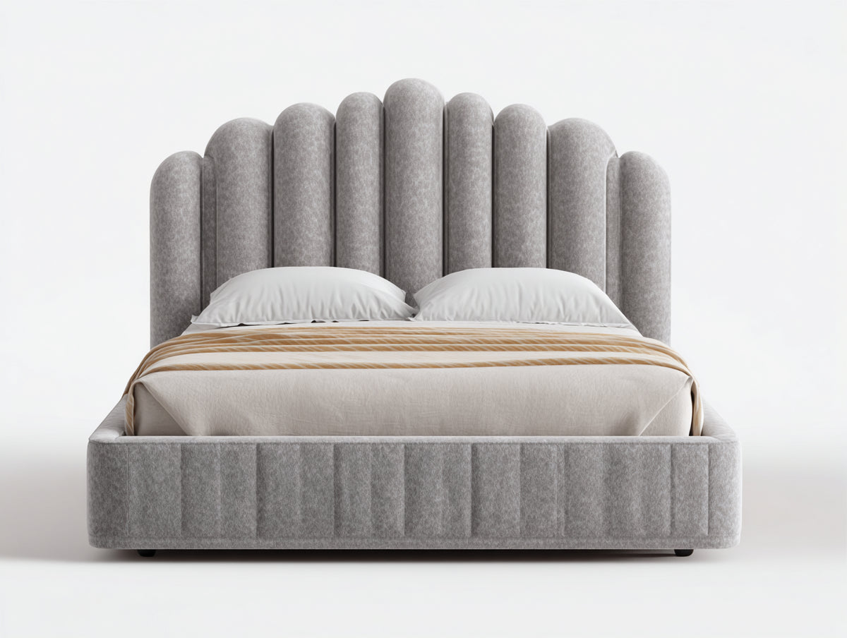 Letto matrimoniale - Velluto - 214 x 181 x 129 cm - Grigio chiaro - Stile elegante con testiera sagomata