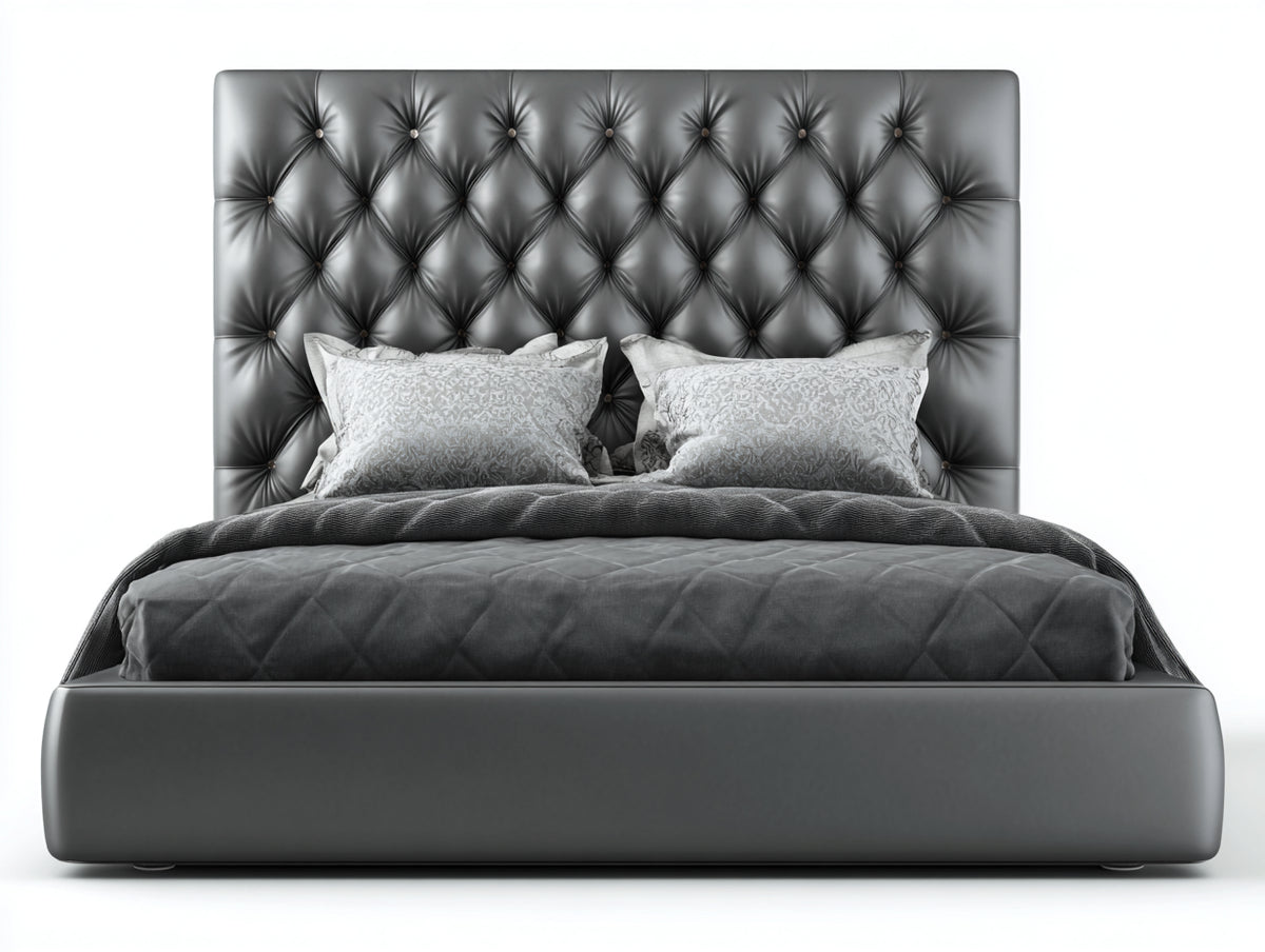 Letto matrimoniale - Pelle - 216 x 183 x 143 cm - Grigio scuro - Stile elegante con testiera capitonné