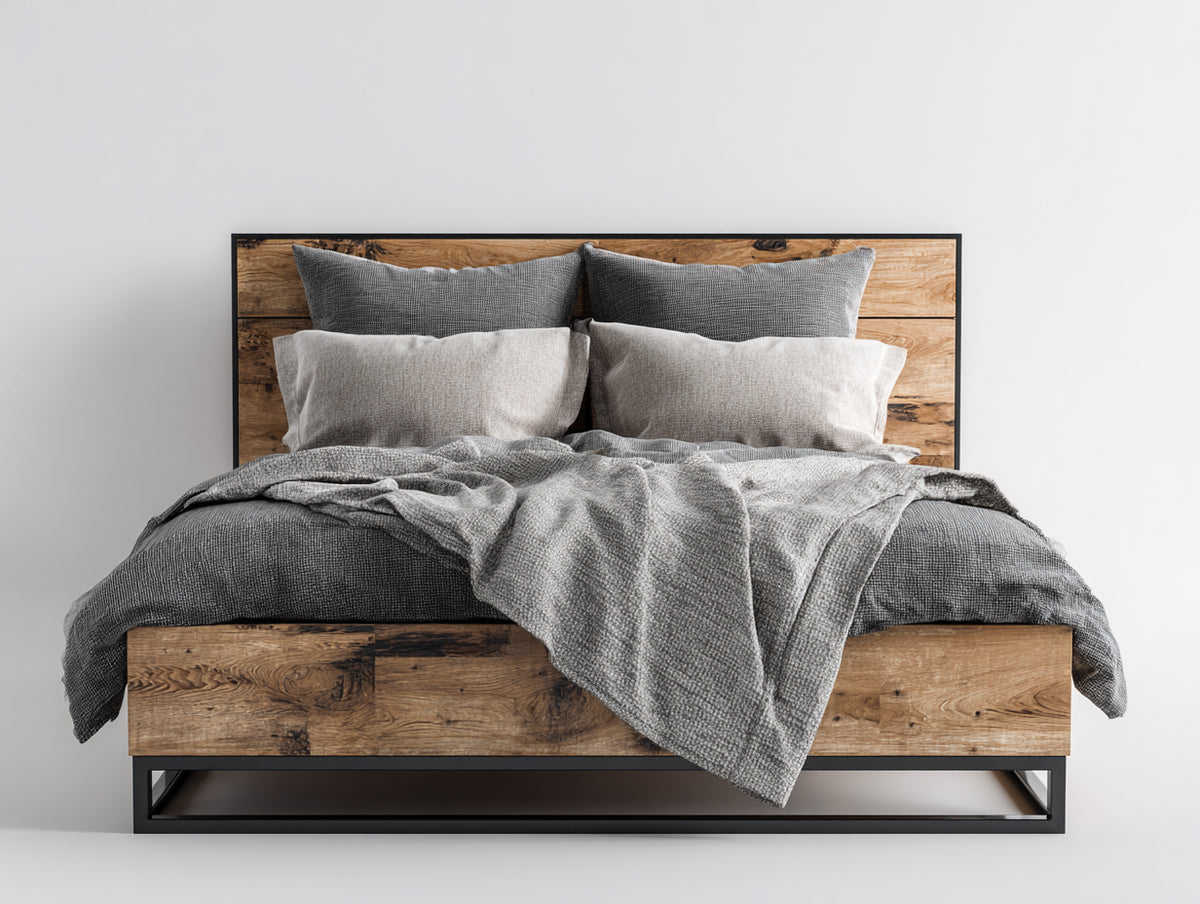 Letto matrimoniale - Legno-Metallo - 214 x 180 x 116 cm - Marrone-Nero - Stile industriale con testiera a doghe