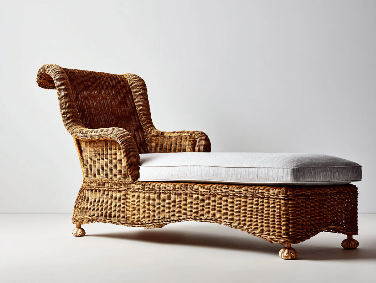 Lettino prendisole-Rattan-Tessuto-198 x 82 x 104 cm-Marrone miele-Bianco crema-Stile vintage