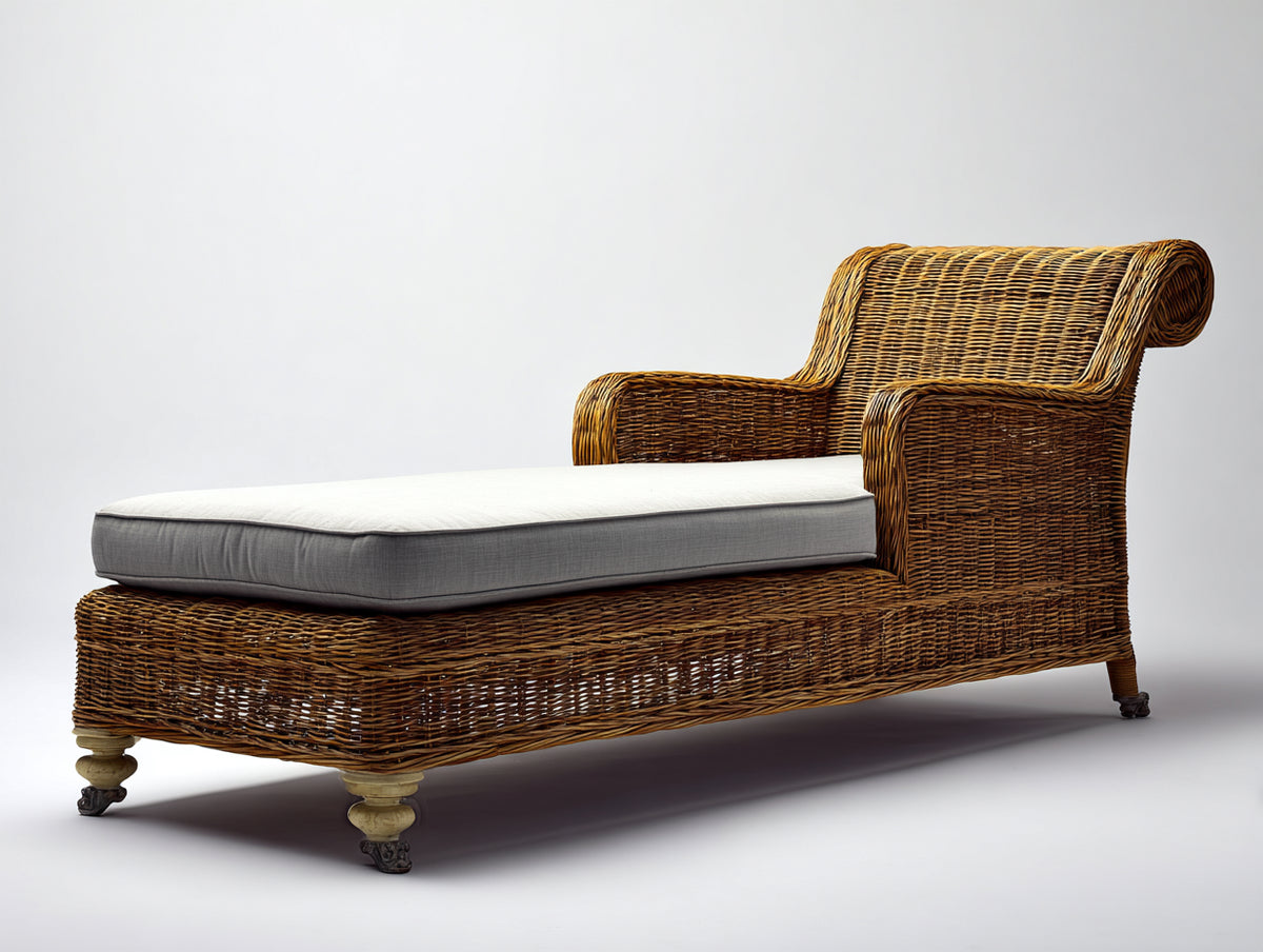 Lettino prendisole-Rattan-Tessuto-205 x 84 x 102 cm-Marrone noce-Grigio chiaro-Stile classico