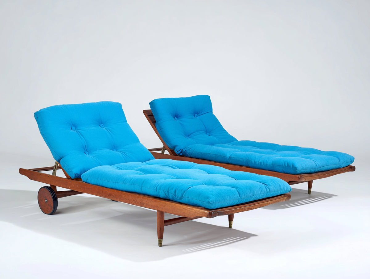 Lettino prendisole-Legno-Tessuto-210 x 78 x 92 cm-Legno noce-Blu turchese-Stile moderno