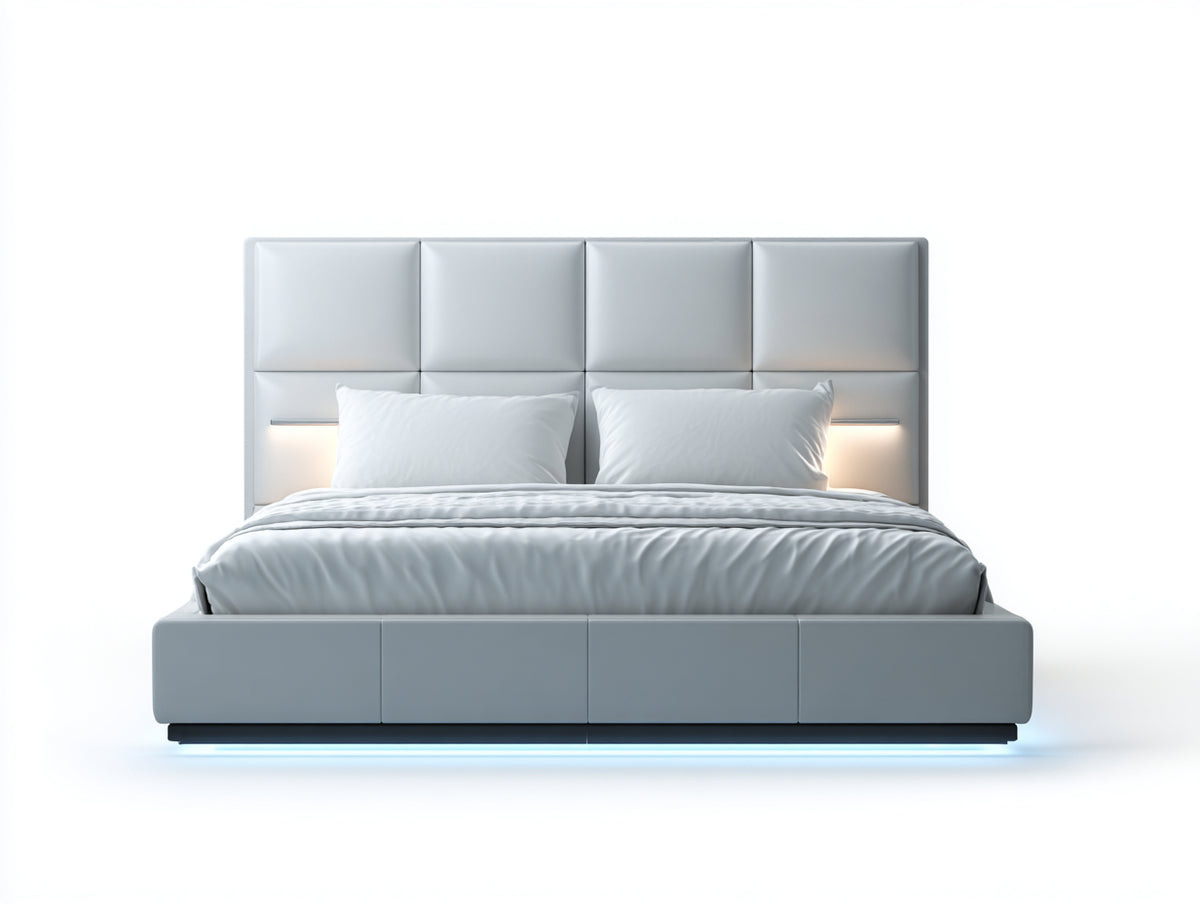 Letto matrimoniale - Pelle - 218 x 181 x 126 cm - Grigio chiaro-Nero - Design tecnologico con illuminazione integrata