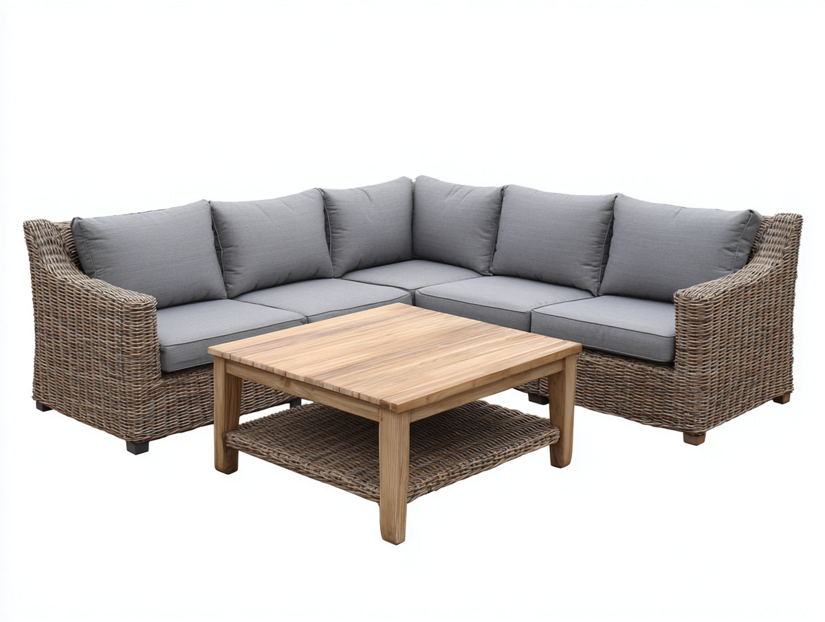 Divani da esterno-Rattan sintetico-Tessuto-Legno-280 x 280 x 80 cm-Marrone naturale-Grigio-Legno naturale-Stile rustico contemporaneo