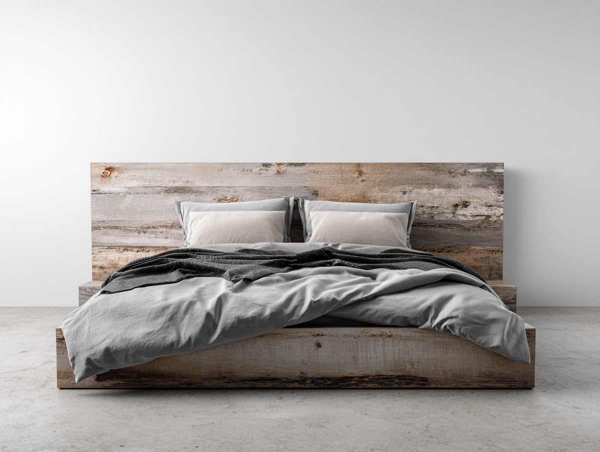 Letto matrimoniale - Legno - 216 x 192 x 110 cm - Beige-Grigio - Stile rustico con testiera estesa