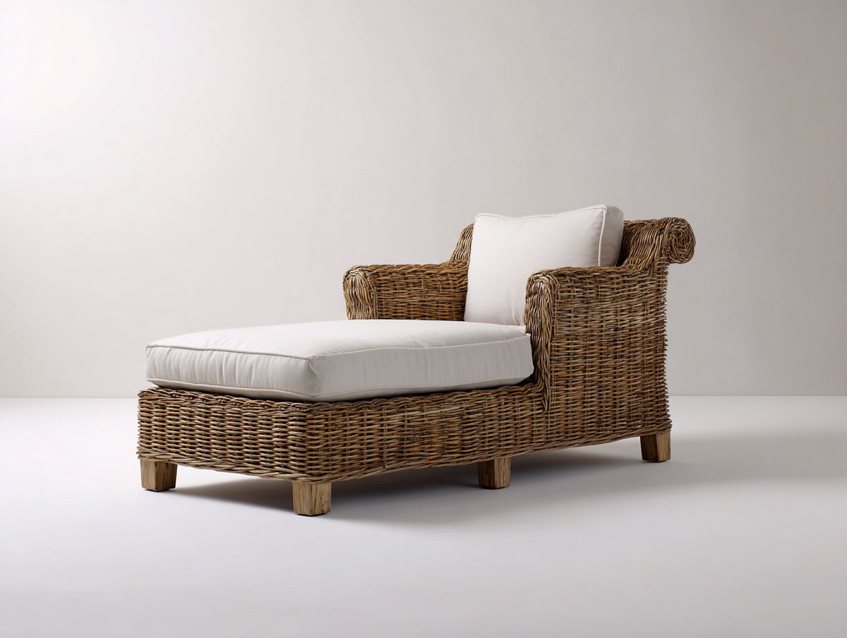 Lettino prendisole-Rattan-Tessuto-200 x 84 x 94 cm-Marrone naturale-Bianco-Stile tradizionale